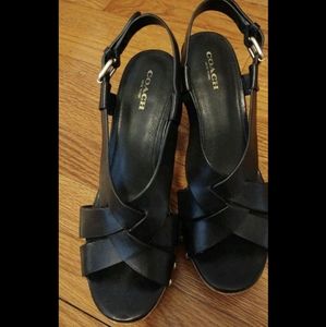 Coach Strappy Black Leather Platform Wooden Clogs